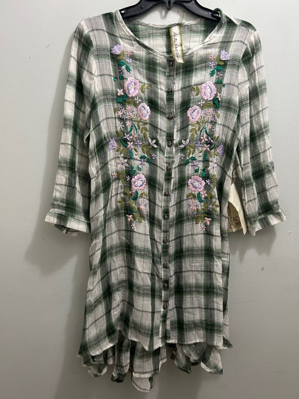 Embroidered Green Plaid Button-Front Women’s Dress